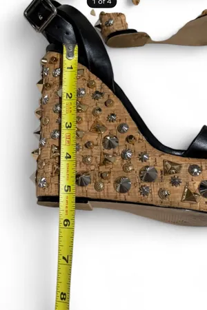 Steven Madden Black Leather Studded Wedge Sandals with Tan Wrapped Platform … thumbnail 5
