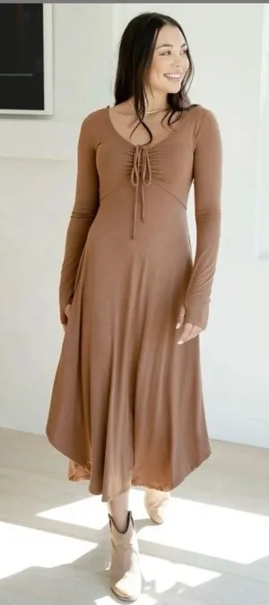 Sozy Soft Sarah Midi Dress Long Sleeve Ruched Bust‎ Thumbholes Brown Small thumbnail 1