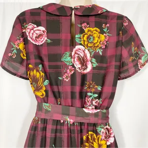 ModCloth Burgundy Floral Buffalo Check Joyfully Poised Collared A-Line Dress thumbnail 9