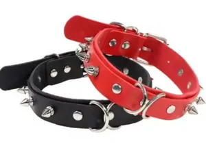 Red and Black Spiked Leather choker Collars Black & Red Bundle thumbnail 1
