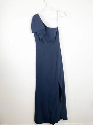 After Six Bow One-Shoulder Trumpet Gown Navy Blue Maxi Dress Size 2 thumbnail 3