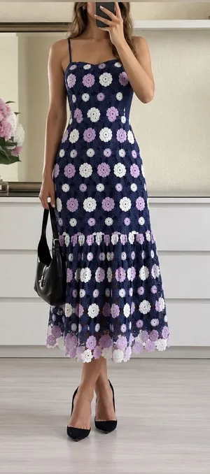 Just Me Navy Floral Crochet Midi Dress with Lavender and Cream Accents Navy Floral Croch thumbnail 1