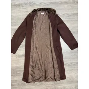 1980s Estuary Lenka K Brown Wool Blend Faux Fur Collar Longline Button Coat thumbnail 8
