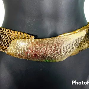 Vintage 80s Womens Stretch Belt Gold Metallic Fish Scale Disco thumbnail 1