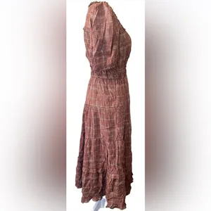 by the RiverTiered Puff-Sleeve Midi Dress in Warm Brown size S thumbnail 4