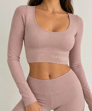 OFFLINE by Aerie Pink Ribbed Long Sleeve Crop Top Women’s S Seamless Active flaw thumbnail 1