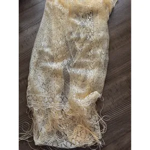 Vintage 1970s Gold Metallic Open-Knit Evening Shawl / Wrap with Long Fringe thumbnail 2