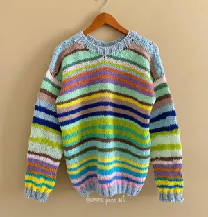hand knit striped funky fun multi colored oversized sweater Blue Size M thumbnail 1