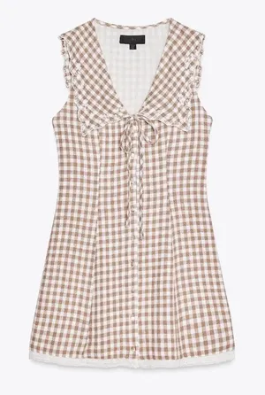 Zara Sleeveless Brown Gingham Tie-Front Dress Lace Ruffle Feminine Sundress thumbnail 1