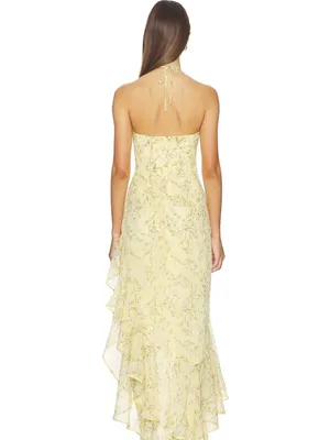 Amanda Uprichard Halter Ruffle High-Low Midi Dress in Pale Yellow thumbnail 3