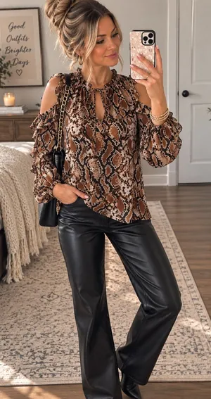 Snake Print Cold Shoulder Ruffle Blouse XS Tie Neck thumbnail 1