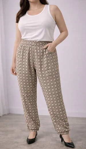 Zara Basic Women S‎ Geometric Print Harem Pants Beige Black thumbnail 1