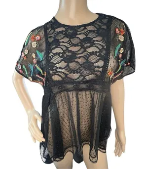 NWT ZARA Floral Embroidered Lace Sheer Short Sleeve Blouse thumbnail 1