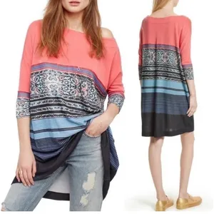 Free People Coral Boho Mixed Print Drop Shoulder Tunic knit 3/4 sleeve dress‎ M thumbnail 2