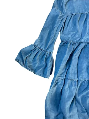 beachlunchlounge Light Blue Tiered Denim Dress with Bell Sleeves thumbnail 3