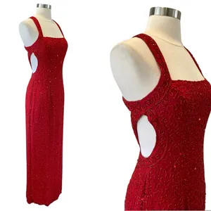 Vintage Sean Collection Red Silk Beaded Gown with Open Back thumbnail 3