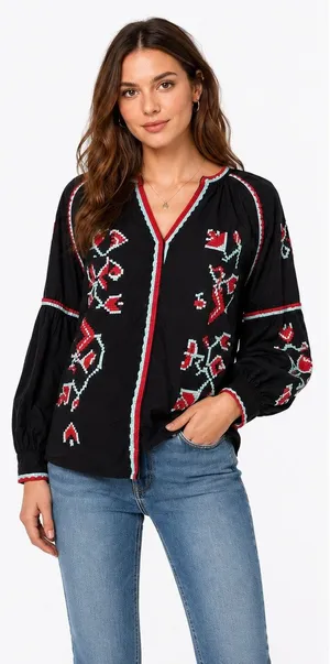 RD + Koko Embroidered Peasant Blouse Black Cotton Boho Folk Art Top Festival thumbnail 1