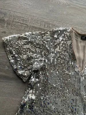 Zara Silver Sequin V-Neck Mini Swing Dress Womens Sz Medium Holiday New Year thumbnail 2
