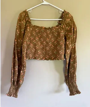 Aerie Smocked Crop Top Brown Floral Long Sleeve‎ Ruffle Blouse Small thumbnail 1