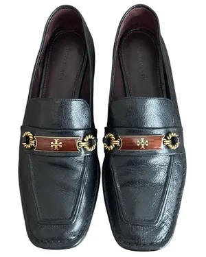 Tory Burch Perrine Loafer Black Leather Horsebit Enamel Gold Size 7.5 thumbnail 1