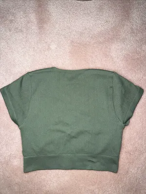 Aerie Superchill Olive Green Ribbed Lace V Neck Cropped Top thumbnail 3