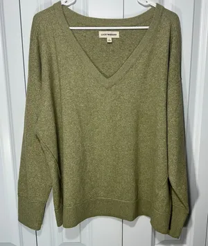 Lucky Brand V-Neck Sweater Women Size L Olive Green‎ Heathered Knit Super Soft thumbnail 1