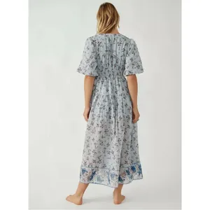 Free People Bohemian Billowy Cottage Lysette Maxi Dress Periwinkle Floral Medium thumbnail 5