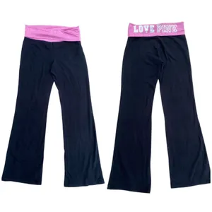 Y2K VS PINK M Foldover Black Flare Leggings Pink Silver Logo Low Rise Vtg thumbnail 2