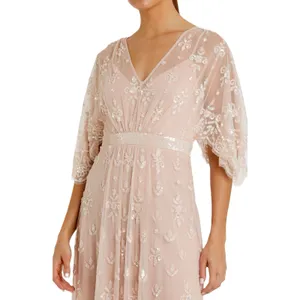 Mac Duggal Blush Pink V Neck Flounce Sleeve Embellished Mesh Gown Size 8 thumbnail 3