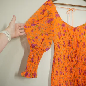 For Love & Lemons Orange Floral Smocked Mini Dress Long Puff Sleeve Sweetheart thumbnail 6