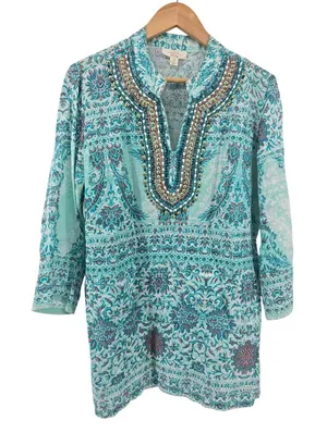Charter Club Linen Tunic Womens M Luxury Paisley Turquoise‎ Beaded V-Neck EUC thumbnail 1