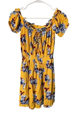 Womens Off Shoulder Mini Dress Yellow Burgundy Blue Floral Smocked Elastic Waist thumbnail 1
