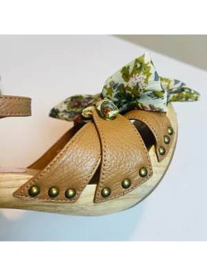 Vintage CROWN women’s wood platform heels "miss america" floral fabric bow Sz 7M thumbnail 12