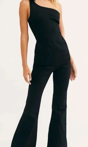 Free People Denim One-Shoulder‎ Flare Jumpsuit Sz Large in Black thumbnail 1