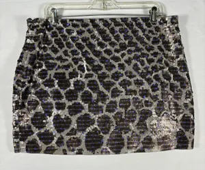 Express Womens Leopard Sequin‎ Mini Skirt Silver Blue Black Animal Print Large thumbnail 1