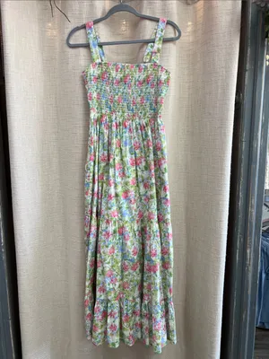 Floral Smocked Tiered Midi Dress Pink Blue Green Print Small thumbnail 7