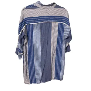NIC+ZOE Linen Blend Striped Tunic Top Mini Dress Large Blue White Pom Trim thumbnail 4