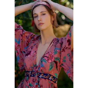 NWT by Anthropologie Ruffled Embroidered Maxi in Pink Floral V-neck Dress S thumbnail 2