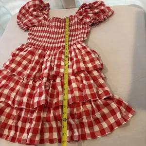 English Factory |Tuckernuck Gingham Puff Sleeve Tiered‎ Dress Medium Tomato Girl thumbnail 11