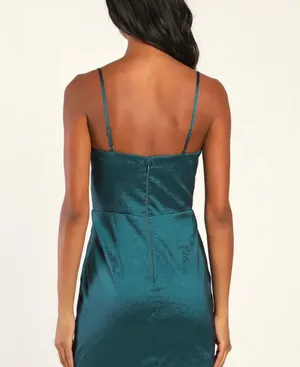 Lulus Teal Satin Mini Dress w/ Pearl Trim thumbnail 4
