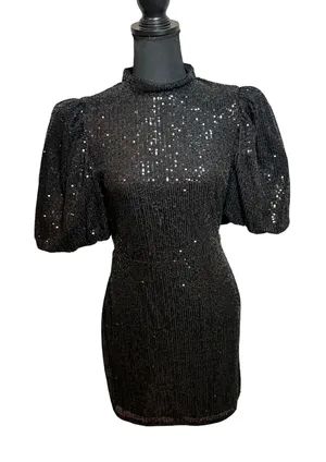 Camila Coelho Black Sequin Puff Sleeve Open Back Mini Dress Small Holiday thumbnail 1