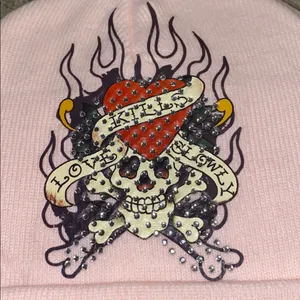 Ed Hardy Beanie embroidered and rhinestones in Blush Pink thumbnail 5