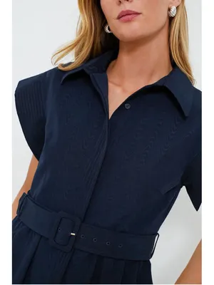 New Tuckernuck Navy Blue Chloe Midi Dress Small Belted Collared Moir Classic thumbnail 5