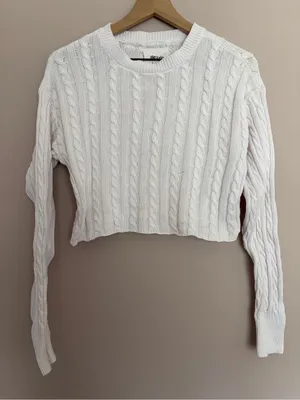 Aerie White Cable Knit Cropped Sweater Small thumbnail 2