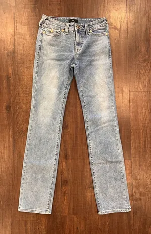 TRUE RELIGION Billie Mid-Rise Straight Jeans Light Blue Wash Womens 28x31 thumbnail 1