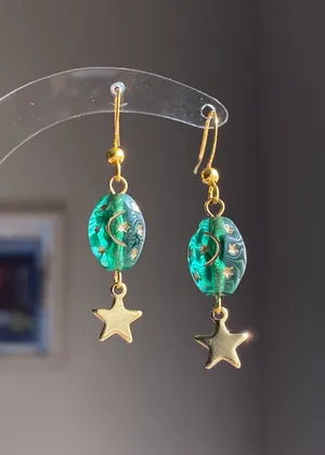 boho vintage fairy whimsical style quality Czech glass moon/star beads dangle earrings🌝🌠💚⭐️ thumbnail 6