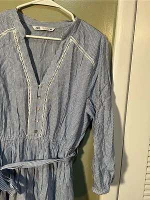 Zara Women's Size Large Mini Shirt Dress Blue White Stripes Crochet Belted Linen thumbnail 7