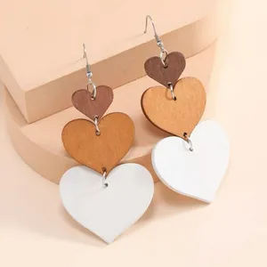 Pair of wooden earrings, dangle, heart, cute, layer, white, brown thumbnail 1