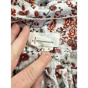 Anthropologie Gauzy Cream Floral‎ Button Front Cropped Blouse Rust Long Sleeve thumbnail 4