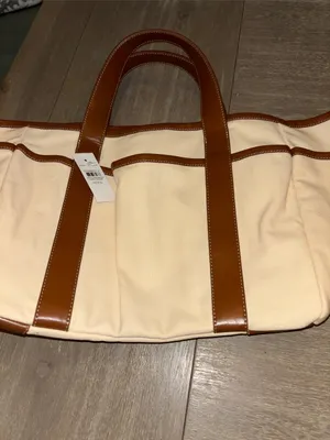 Ann Taylor Blush Canvas Tote with Brown Trim and Handles thumbnail 6